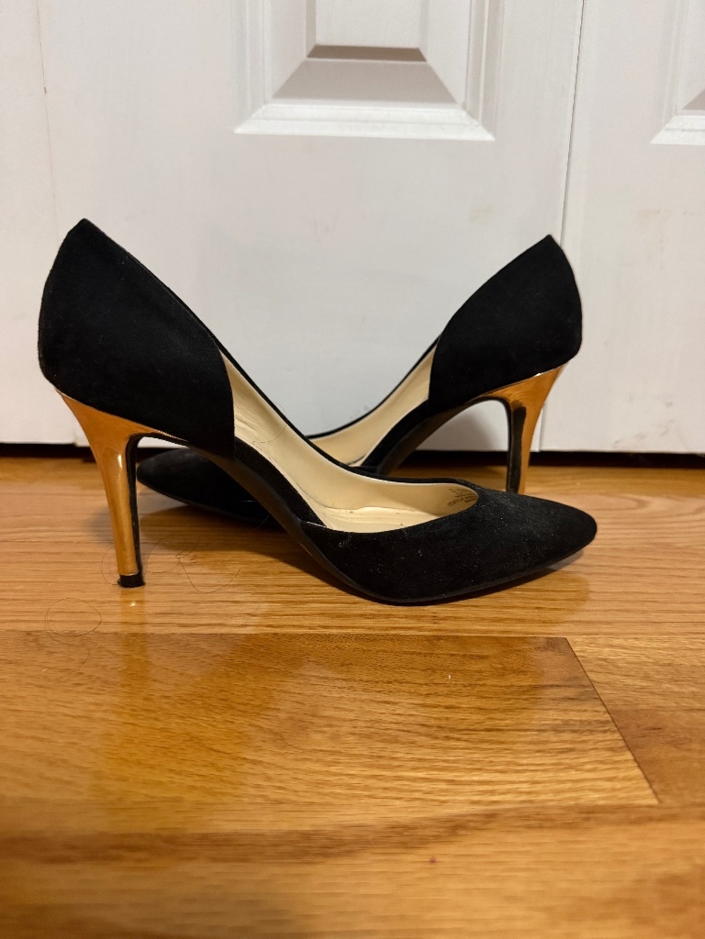 Black Suede Heels, Gold Heel